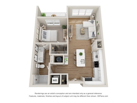 a 3d floor plan of a 1 bedroom apartment